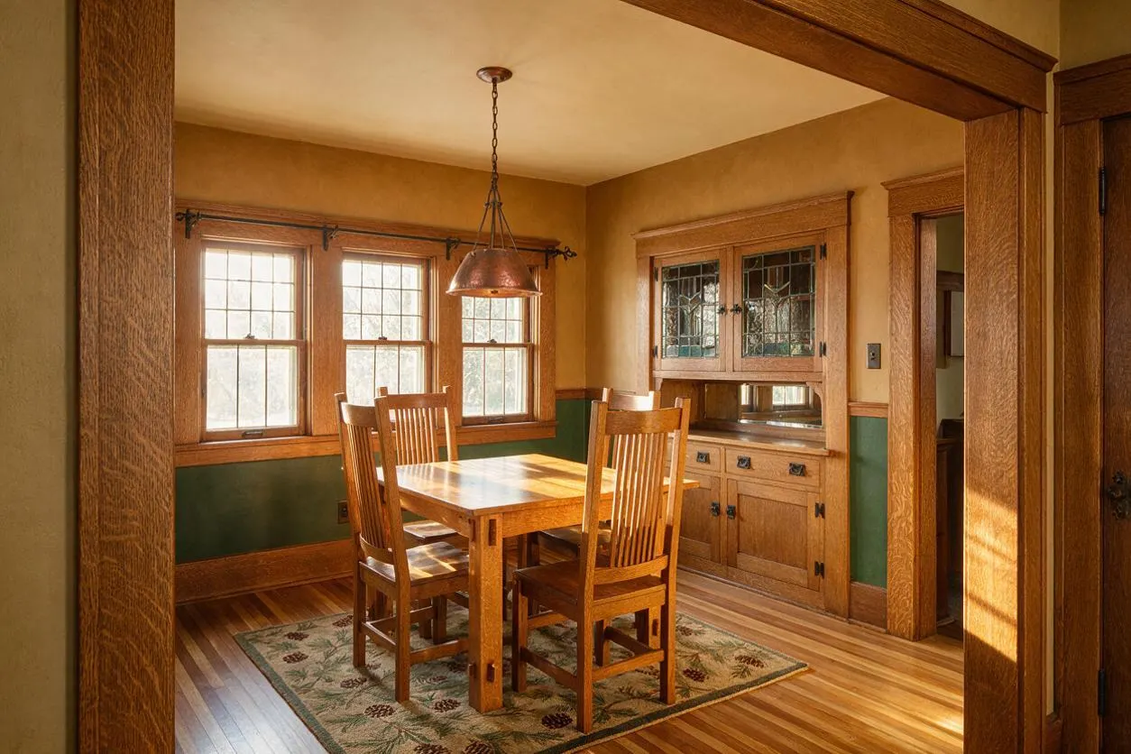 A Craftsman-style dining room with a square wooden table and four slatted wood chairs on a patterned rug. The room features amber-toned walls, dark green wainscoting, wood trim, leaded glass cabinet doors, and multiple wood-framed windows with a copper pendant light overhead.