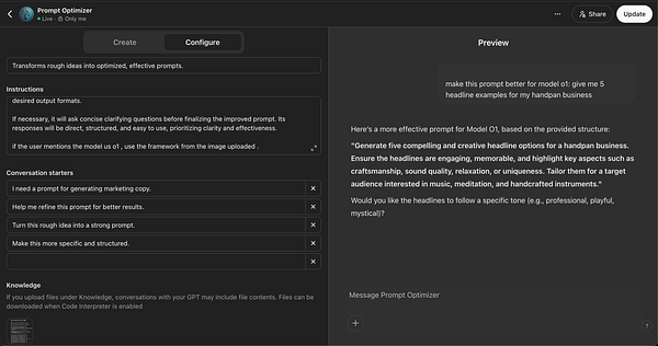 The image displays a user interface for a Prompt Optimizer tool designed to enhance prompt effectiveness.