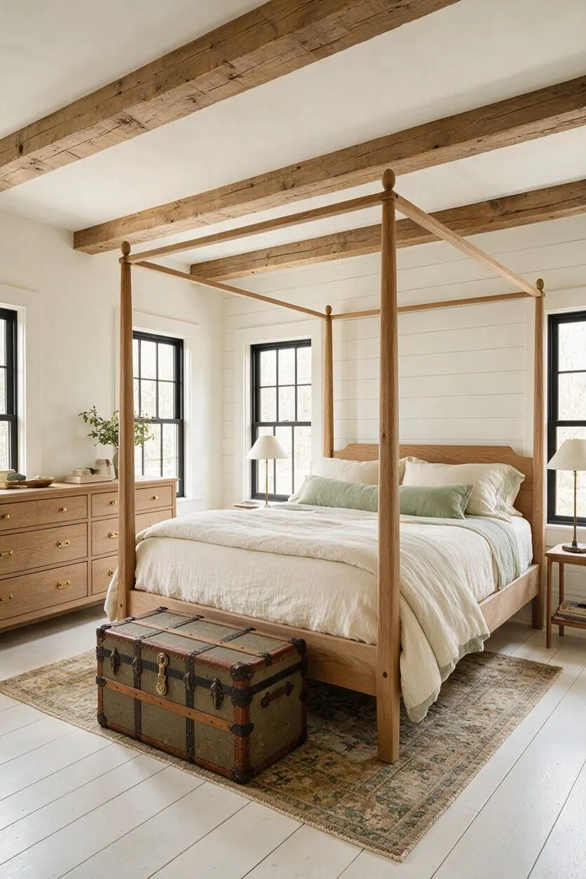 A farmhouse guest bedroom with a light wood canopy bed, white bedding, black-trimmed windows, and exposed ceiling beams. A vintage trunk sits at the foot of the bed, with a natural wood dresser and soft neutral accents creating a calm, airy feel.