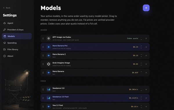 User interface of the Vibe Cinema model selection design showing a list of models with names, sizes, and import status alongside a camera preview and a live filter view.