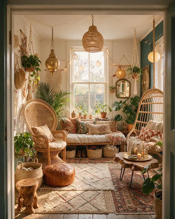 A sunlit front porch styled in bohemian fashion with wicker chairs, a hanging egg chair, macrame plant holders, and layered rugs. The space includes many potted plants, woven wall decor, warm pendant lights, and a small live-edge wood table, creating a relaxed, inviting retreat.