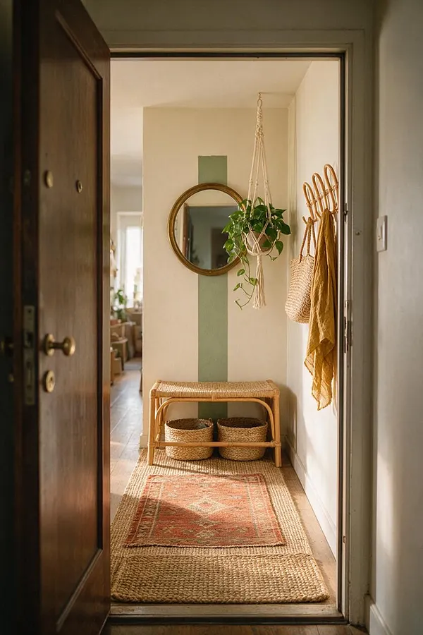 A narrow bohemian entryway with a woven jute rug layered under a small patterned area rug, a rattan bench with two baskets beneath it, and a round wood-framed mirror on a cream wall with a pale green vertical stripe. A macramé hanging planter and woven wall hooks with a straw bag and mustard textile add natural texture and warmth.