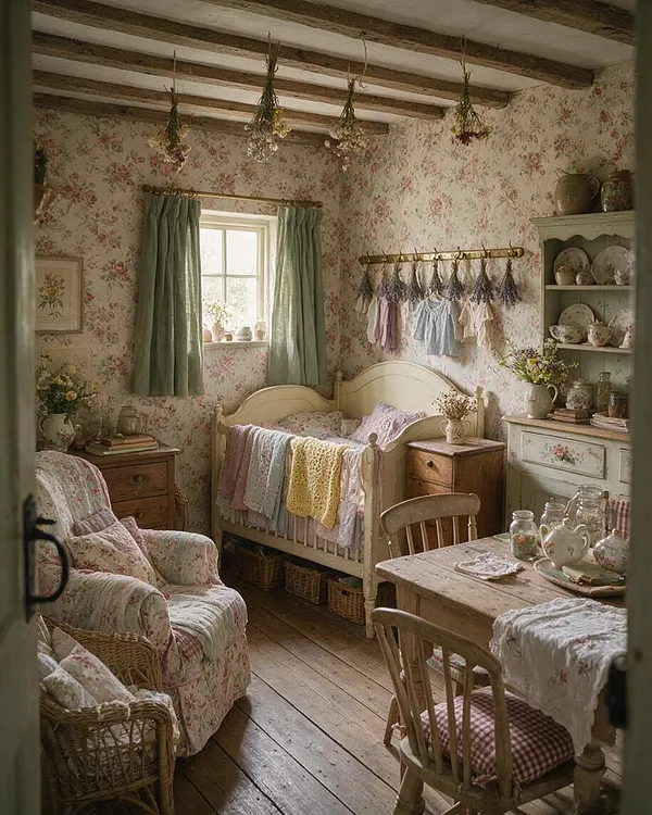 A cozy cottagecore nursery with floral wallpaper, exposed ceiling beams, sage green curtains, and a cream-painted crib with pastel blankets. Wicker baskets, a floral armchair, vintage wooden furniture, and dried flower bundles create a soft, rustic, hand-crafted atmosphere.