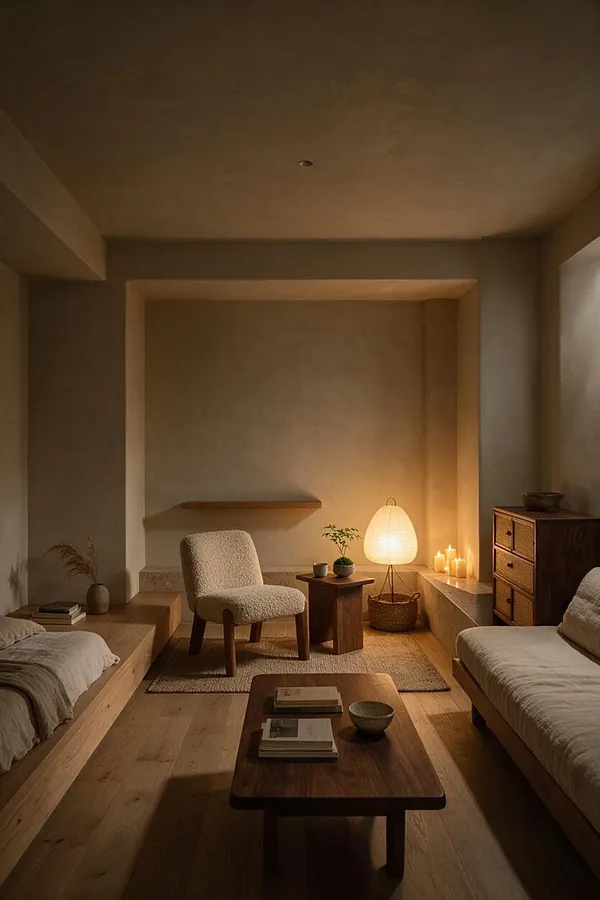 A cozy basement sitting area in Japandi style with low wood platform sofas, a cream bouclé accent chair, a small wooden coffee table, and a glowing paper floor lamp. The room features beige plaster walls, a woven rug, candles, and simple wood furniture for a calm, minimal atmosphere.