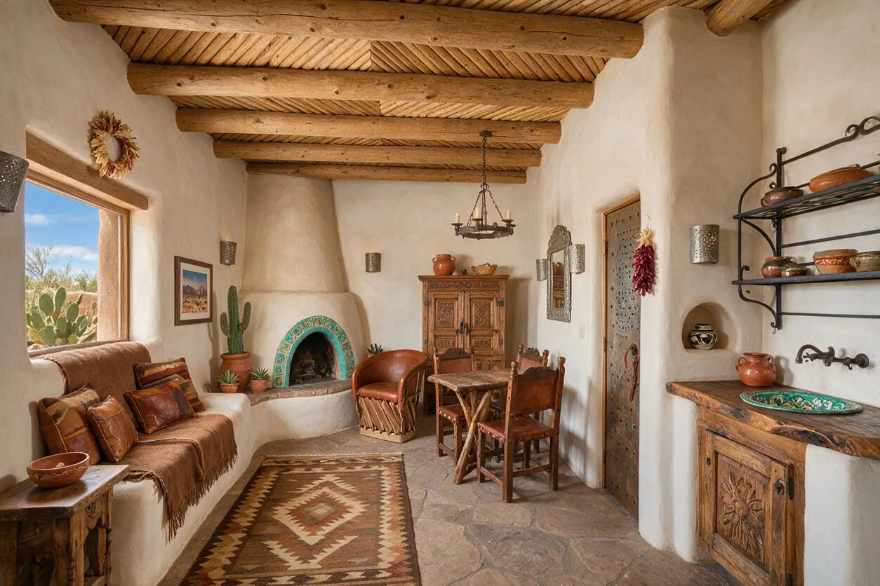 A cozy Southwestern studio apartment with white adobe-style walls, exposed wood ceiling beams, a turquoise-tiled fireplace, and rustic wood furniture. The space includes leather seating, a patterned woven rug, pottery accents, and open wall shelving with earthenware dishes.