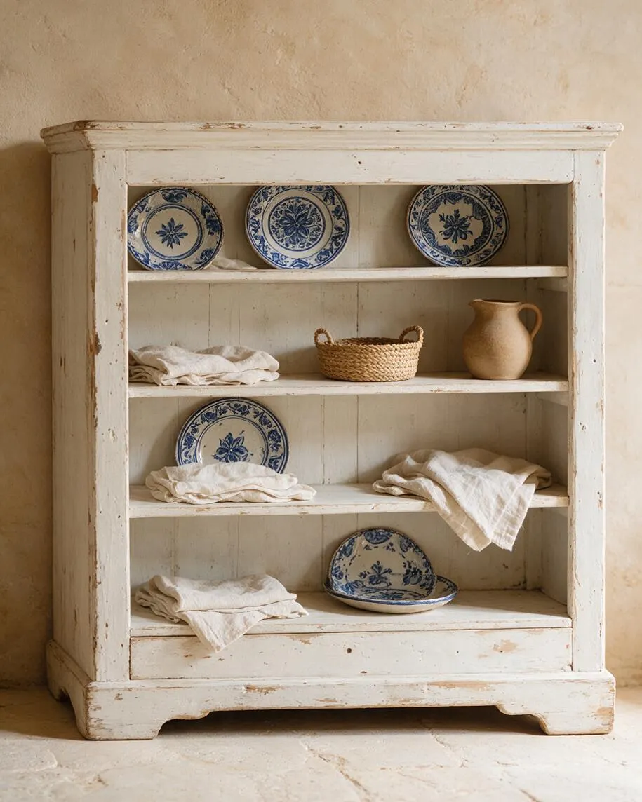 A weathered whitewashed wooden display cabinet stands against a warm plaster wall, styled with blue-and-white patterned ceramic plates, folded cream linens, a small woven basket, and a beige ceramic jug. The overall look is soft, rustic, and Mediterranean-inspired.