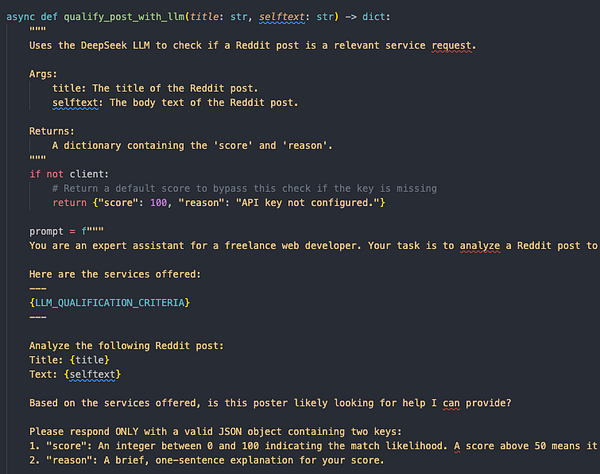 The image displays a code snippet for a function that analyzes Reddit posts using the DeepSeek LLM.