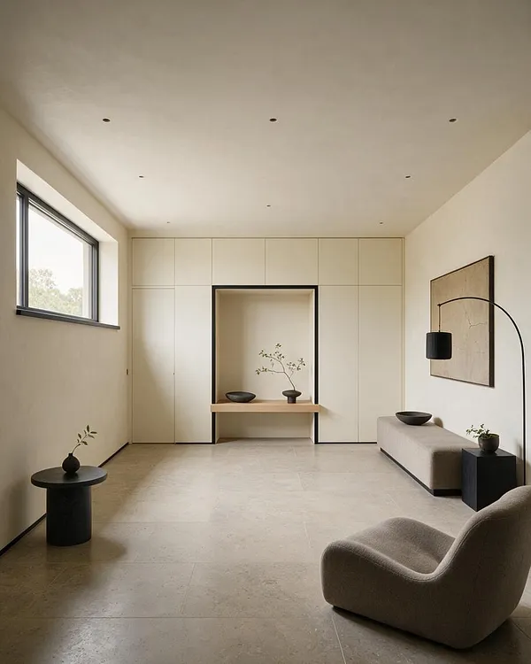 A serene minimalist basement lounge with smooth beige walls, a pale tiled floor, and a recessed built-in niche centered on the back wall. The room includes a low bench, sculptural black side tables, a curved floor lamp, a small window on the left, and a rounded taupe lounge chair.