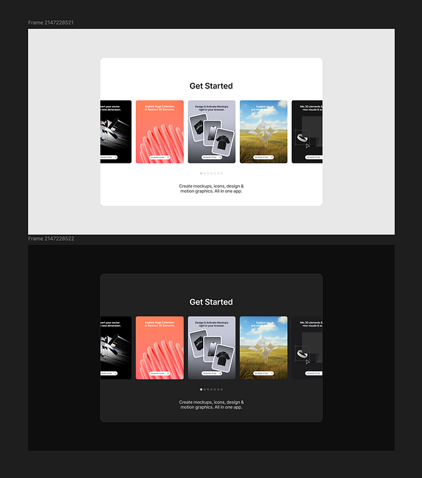 The image displays two versions of a 'Get Started' onboarding modal for a design application.