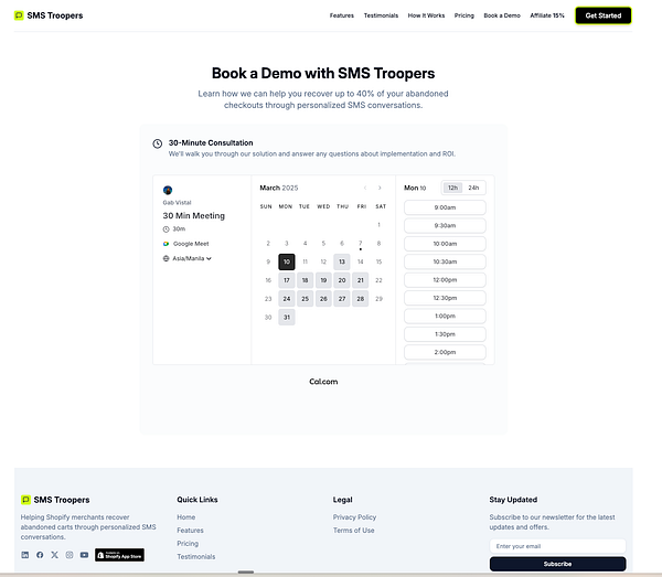 The image displays a booking interface for scheduling a demo with SMS Troopers.