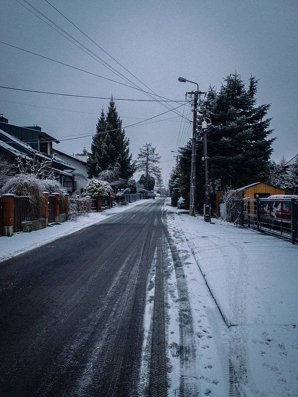 A snow-covered street lined with houses and trees on a cloudy morning.