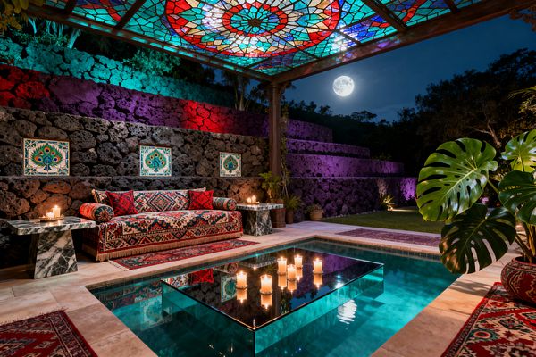 An outdoor patio at night features a stained-glass pergola casting jewel-toned light over lava-stone terrace walls, a kilim-upholstered sofa, green marble pedestal tables with candles, and a shallow pool with a mirrored glass coffee table holding lit candles. Peacock ceramic tiles, layered red rugs, potted monstera and greenery, and colored uplighting create a dramatic, maximalist setting under a full moon.