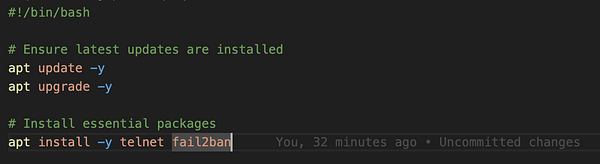 A code snippet for a cloudinit script to install fail2ban and telnet.