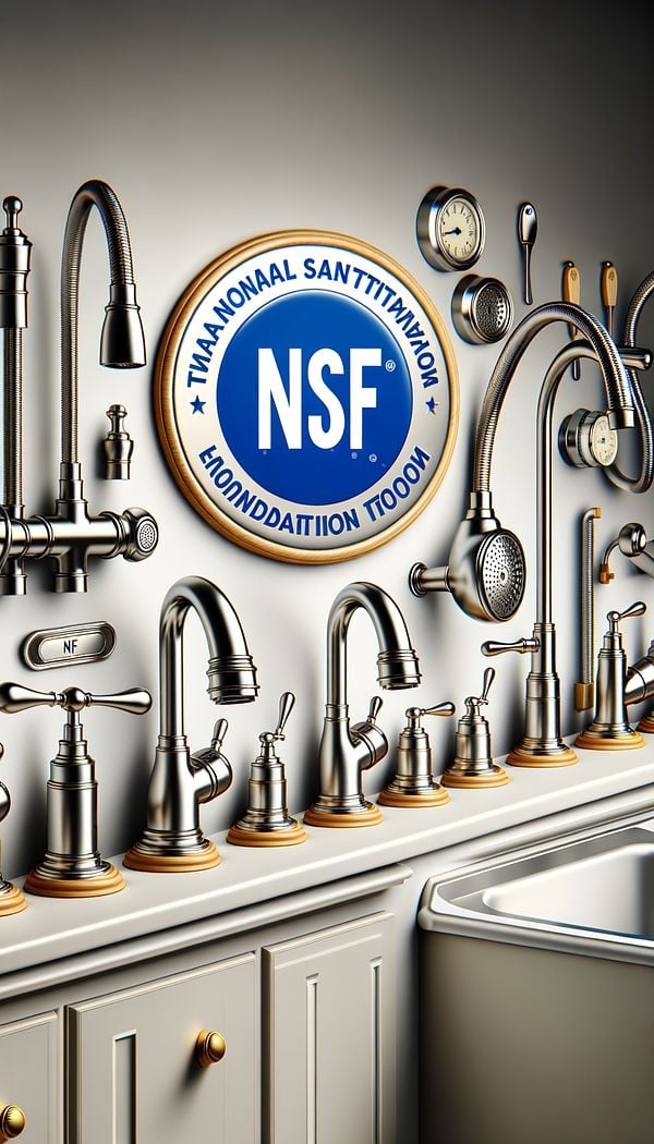 A variety of kitchen and bathroom fixtures, including faucets and sinks, displaying the NSF certification mark.