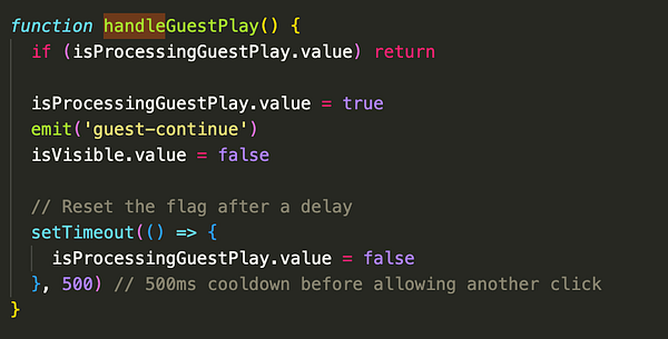 The image displays a code snippet for a function that implements a debounce mechanism for a 'play as guest' button.