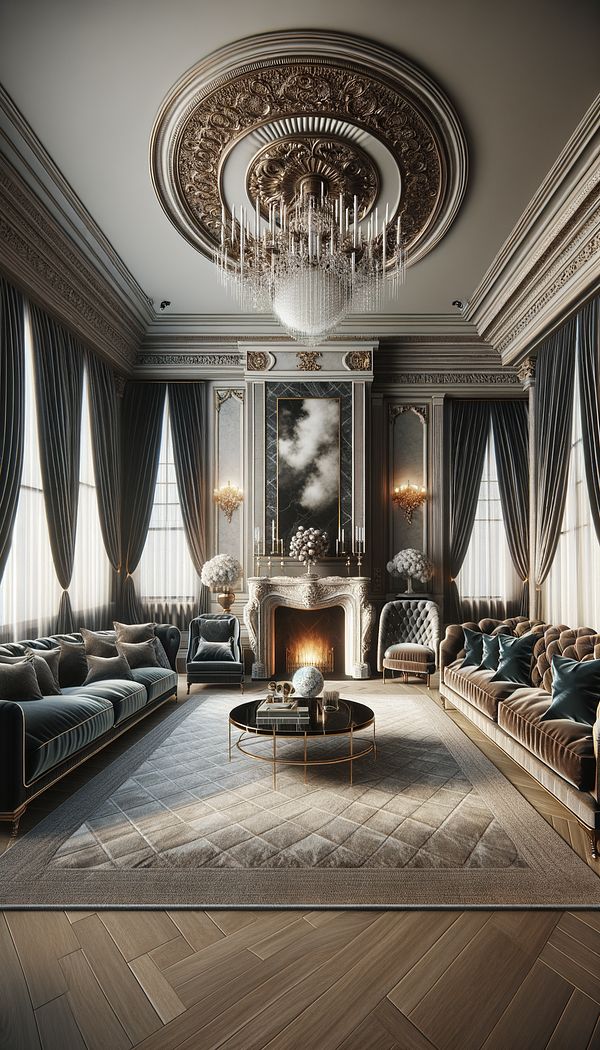 An opulent living room featuring a grand marble fireplace, velvet sofas, silk draperies, and a crystal chandelier.