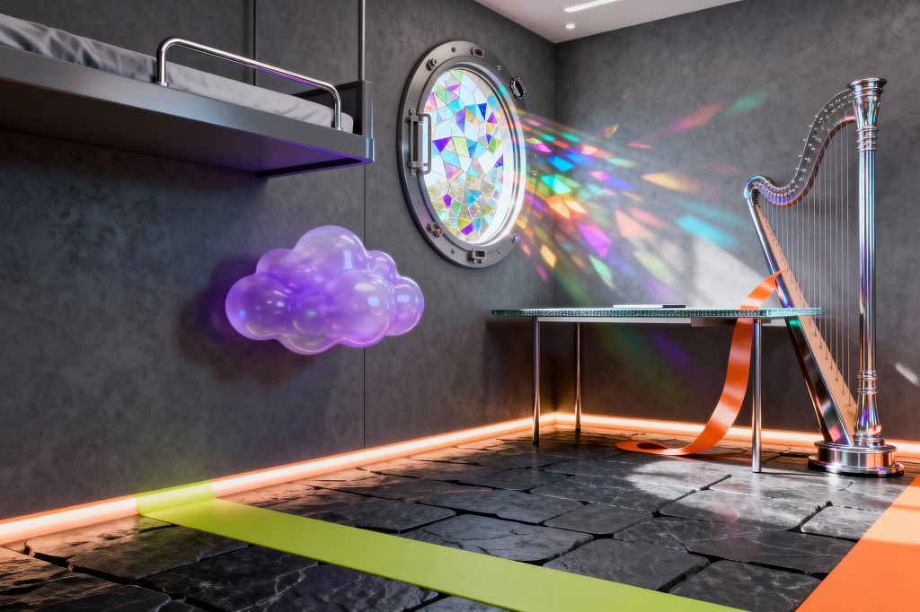 A kids’ room with charcoal concrete walls and a black slate floor features a round porthole window filled with mosaic stained glass, casting rainbow light across the wall. A floating loft bed with a metal guardrail, a translucent purple cloud sconce, a chrome harp beside a clear glass desk on tubular legs, and perimeter neon-orange LED lighting with lime and orange floor stripes create a sleek, space-age atmosphere.