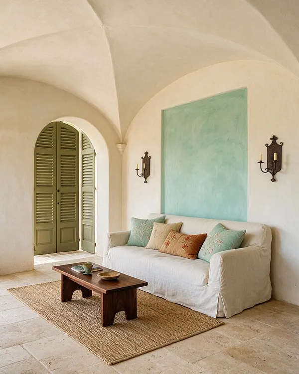 A serene Mediterranean-style patio with a vaulted white plaster ceiling, cream stone floor, and an arched opening fitted with olive-green louvered shutters. A white slipcovered sofa sits against the wall beneath a large aqua wall panel, accented by embroidered pastel and rust pillows, with dark wrought-iron wall sconces and a low wooden coffee table on a natural woven rug.