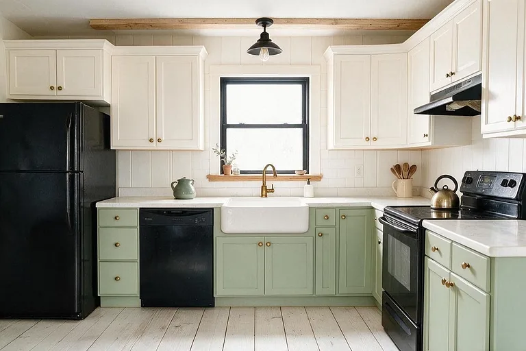 A Farmhouse kitchen in the Sage Shaker palette: warm white, sage green, white quartz, natural oak, and aged brass