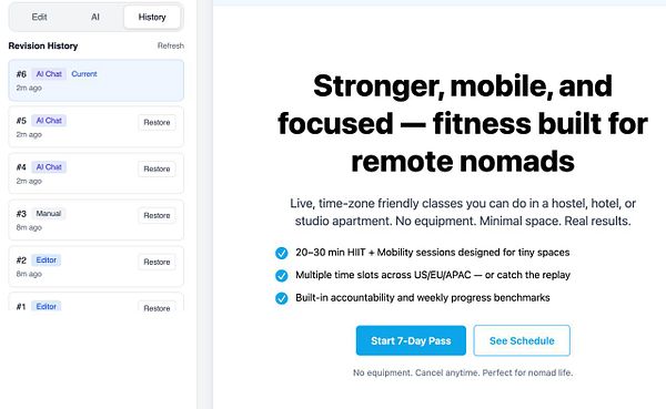The image displays a revision history interface alongside promotional content for a fitness program designed for remote workers.