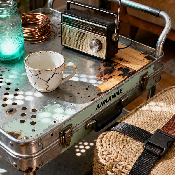 A close-up of a living room coffee table fashioned from a perforated galvanized steel case with chipped mint paint and rust, holding a vintage portable radio, a white crackle-glazed mug, a teal-tinted mason jar, and a coil of copper wire while sunlight casts dappled patterns across the surface. In the foreground sits a woven jute ottoman strapped with dark webbing and a buckle, with the edge of a tan sofa softly blurred in the background.