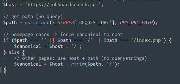 The image displays a snippet of PHP code related to handling canonical URLs for a job board website.