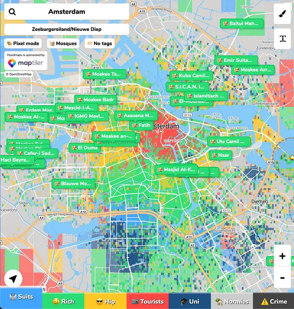 Map highlighting mosque locations in a densely built urban area with major roads labeled.