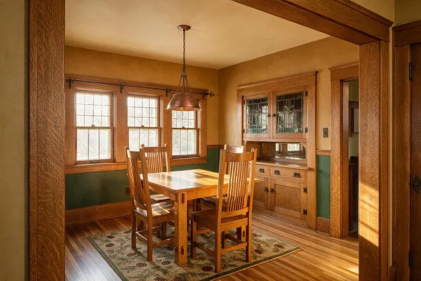 A Craftsman-style dining room with a square wooden table and four slatted wood chairs on a patterned rug. The room features amber-toned walls, dark green wainscoting, wood trim, leaded glass cabinet doors, and multiple wood-framed windows with a copper pendant light overhead.