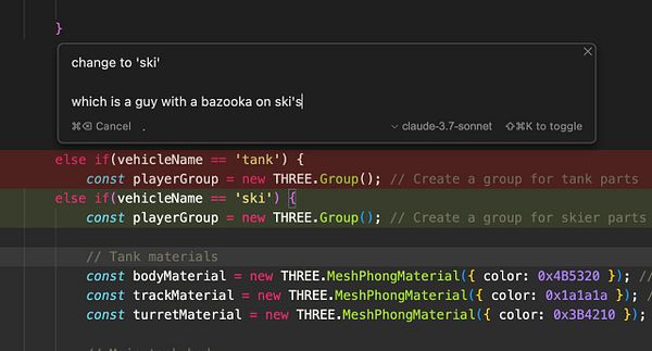The image displays a code snippet related to a programming task involving a character on skis with a bazooka.