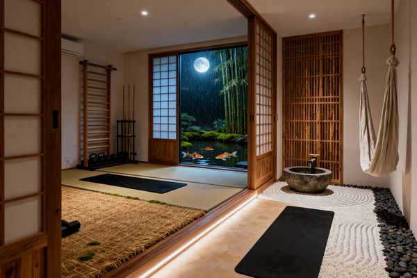 A serene Japanese-style home gym features tatami mats with two black yoga mats, a wall-mounted wooden stall bar, a rack of kettlebells, and upright practice staffs. Shoji sliding doors open to a moonlit view of a bamboo garden with a koi pond in the rain. At right, a raked white gravel bed bordered by dark river stones holds a round carved stone basin and sits beside a suspended fabric sling, all lit by warm recessed floor lighting.
