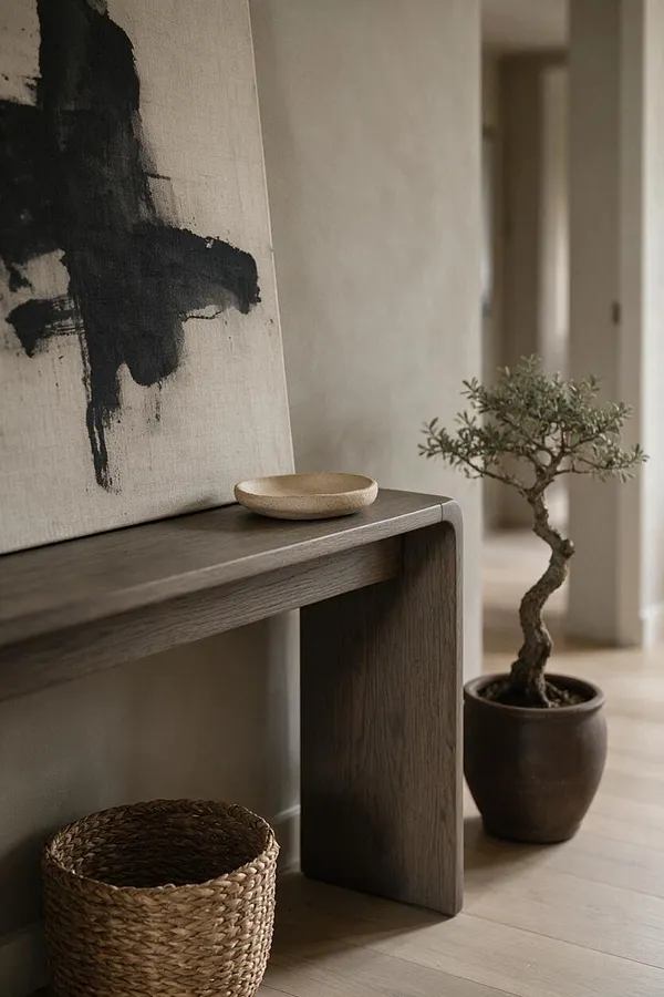 A serene Japandi-style hallway vignette with a dark wood console table, a large abstract black-and-beige artwork leaning against the wall, a small ceramic dish on top, a woven basket below, and a potted bonsai-like tree beside it. Soft neutral walls and pale wood flooring create a calm, minimalist atmosphere.