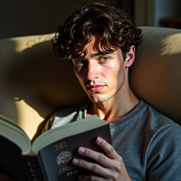 A young man with curly hair is reading a book while sitting in a well-lit room.