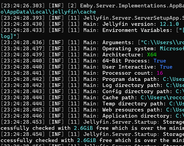 Terminal log output showing Jellyfin media server startup details and system information.