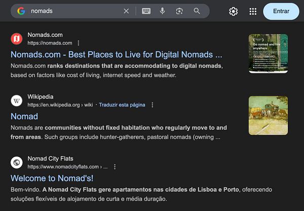 The image displays a Google search results page for the term 'nomads'.