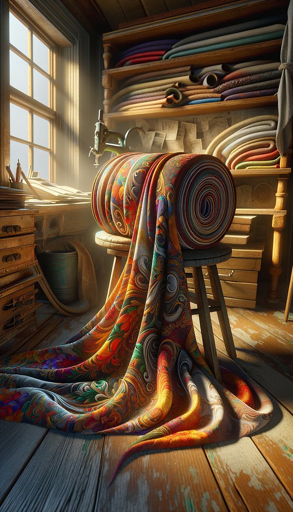 A roll of soft, vibrant Acrilan fabric artistically draped over a rustic wooden stool in a sunlit designer's studio, showcasing an array of rich colors and intricate patterns.
