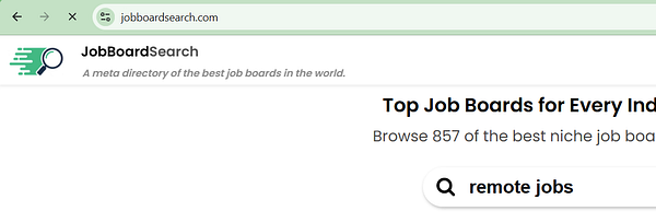 Webpage header of JobBoardSearch.com showing a meta directory for job boards with a search bar including the term 'remote jobs'.