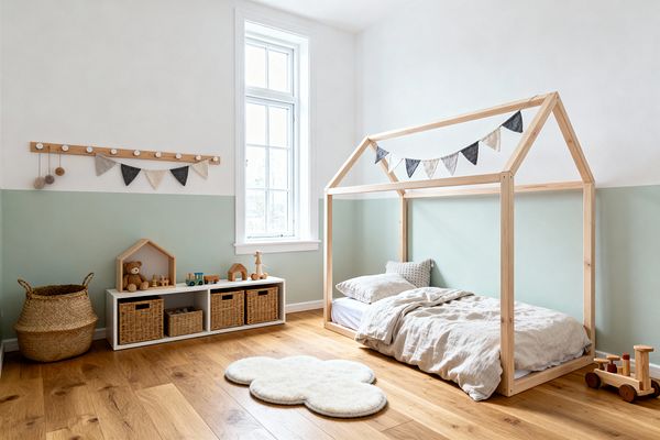 A bright Scandinavian kids’ room features a low house-frame bed in natural pine with beige linen bedding and a gray-and-cream felt bunting. Two-tone walls in warm white and soft sage pair with wide-plank oak floors, a cloud-shaped wool rug, and a white cubby holding rattan baskets and wooden toys; a seagrass basket, peg rail with pom-pom decor, and a tall window bringing daylight complete the minimalist look.