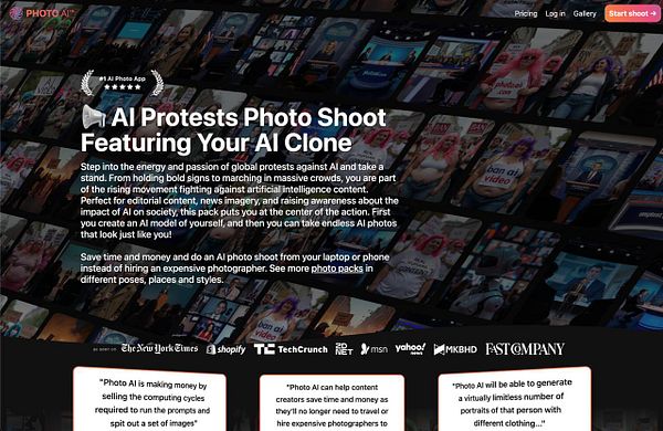 The image features a promotional webpage for an AI photo shoot service focused on protests against artificial intelligence.