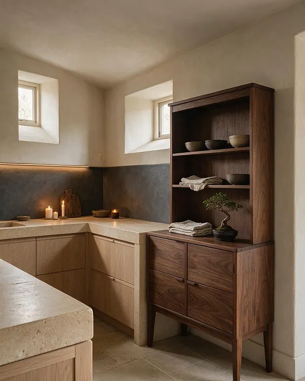 A serene Japandi kitchen with light stone countertops, pale wood cabinetry, and a tall walnut display cabinet. Soft beige walls, small recessed windows, and dark textured backsplash create a calm, minimalist atmosphere with warm natural light.