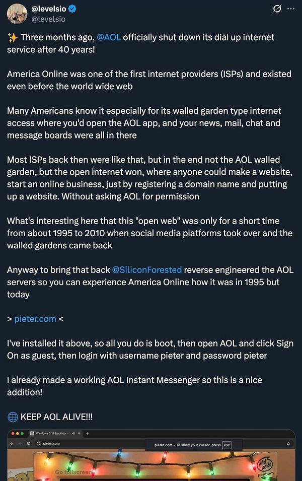 The image displays a screenshot of a Windows 3.11 emulator running on the website pieter.com, showcasing an AOL interface.