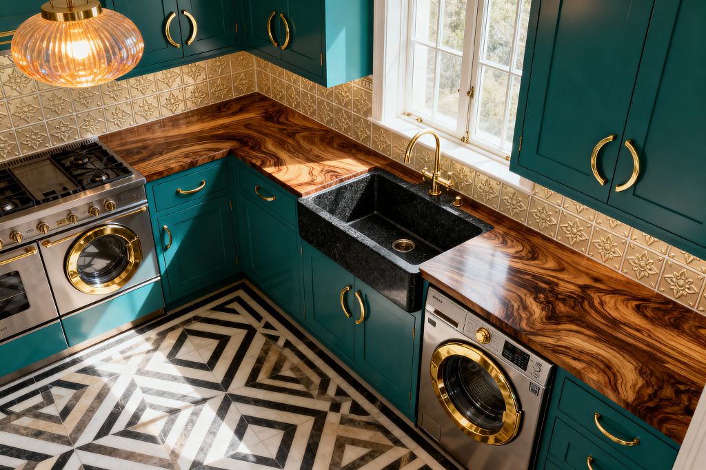 A compact L-shaped laundry features deep teal Shaker cabinets with curved brass pulls, richly grained walnut countertops, and a large black stone farmhouse sink set beneath a white-paned window. A washer with gold-trimmed door sits under the counter, while a champagne-gold embossed tin backsplash and ribbed glass pendant complement a bold black-and-white geometric marble floor.