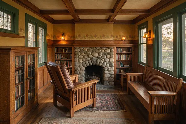 A cozy Craftsman-style front porch with rich wood paneling, exposed ceiling beams, and a central rounded stone fireplace. Built-in bookcases flank the fireplace, with a wooden bench and cushioned armchair placed on a patterned rug beside tall windows with dark green trim.