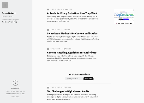 The image displays an RSS feed interface for the ScoreDetect blog, featuring various articles related to digital piracy and content verification.