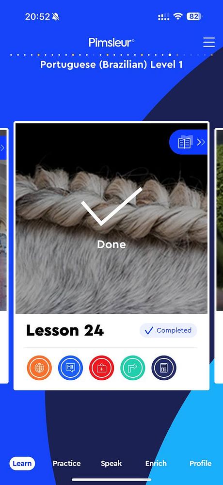 The image displays a mobile app interface for Pimsleur's Portuguese language course.