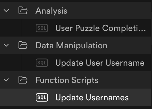The image displays a structured list of SQL scripts organized into categories within a user interface.