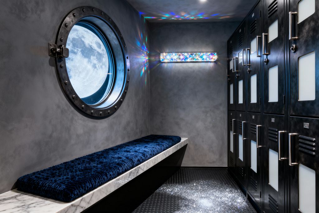 A futuristic mudroom with charcoal gray plaster walls features a round, riveted porthole-style window showing a large moon image. A cantilevered marble bench with a deep navy plush cushion faces matte black metal lockers with frosted panels and long stainless pulls. A crystal bar light throws rainbow reflections across the wall, while black raised-dot rubber flooring catches scattered silver glitter near the entrance.