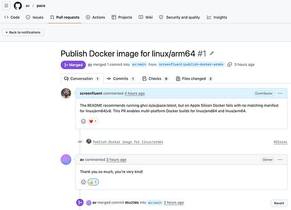 Screenshot of a GitHub pull request page showing a PR description and conversation thread with multiple comments.