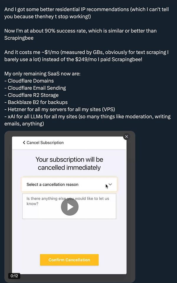 Screenshot of a tweet by @levelsio highlighting coding their own Scrapingbee tool.