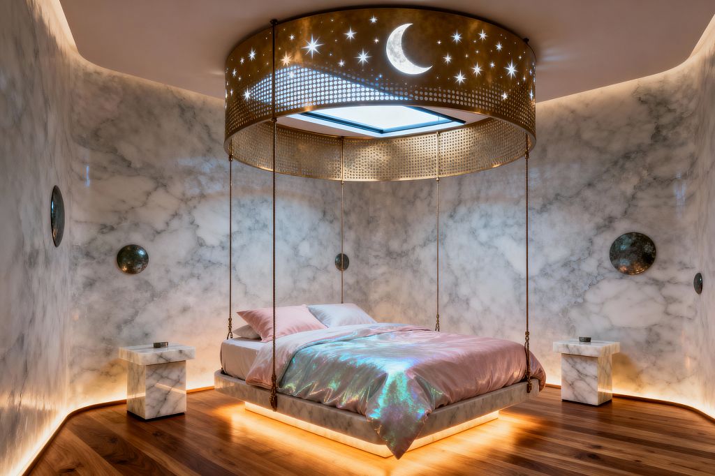 A bedroom with curved white marble walls and soft cove lighting features a floating bed suspended by four brass cables from a circular perforated canopy decorated with a crescent moon and star motifs. The bed rests on a marble plinth with warm underlighting and blush, iridescent bedding; two solid marble nightstands flank it, walnut floors ground the space, patinated metal discs accent the walls like planets, and a skylight sits within the canopy above the bed.