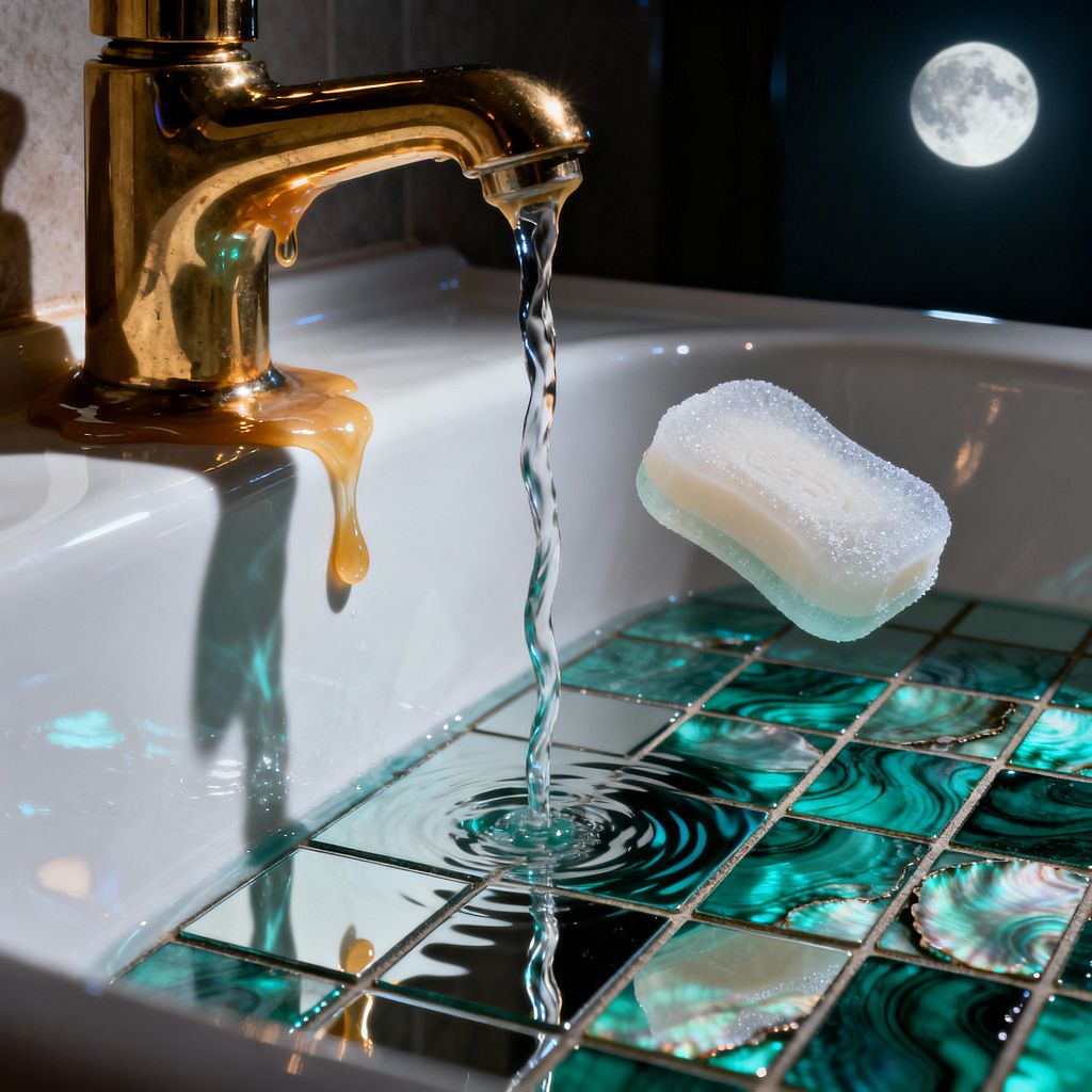 Close-up of a surreal bathroom sink with a polished gold-toned faucet that appears to be melting as it releases a narrow stream of water. The white porcelain basin is inset with a mosaic of mirror tiles, malachite-like green glass, and iridescent shell pieces, creating layered reflections and ripples. A sudsy bar of soap floats beside the stream, and a full moon is visible through a dark window, casting cool blue light across the scene.